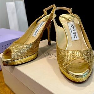 Jimmy Choo peep toe glitter platform stiletto heel size 5/12